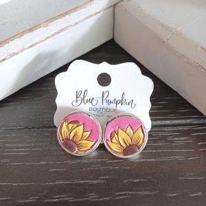 Sunflower Circle Post Silver-Toned Earrings in Hot Pink